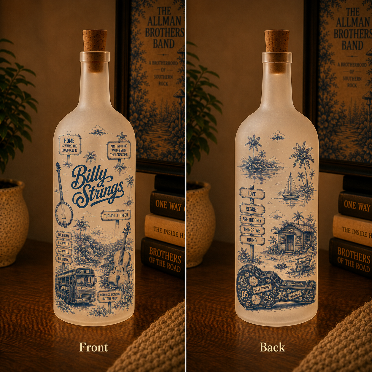 Billy Strings Bottle Lamp – Handmade LED Glass Bottle Lamp, Bluegrass Music Night Light, Billy Strings Gift for Americana Fans