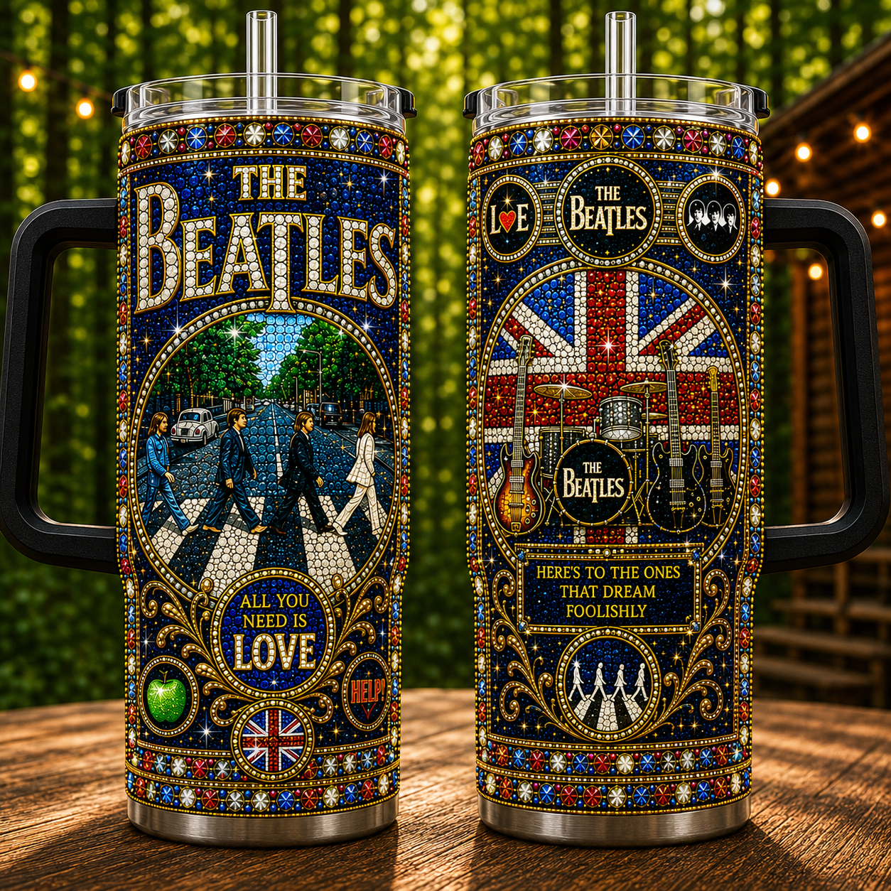 The Beatles 40oz Rhinestone Insulated Tumbler with Handle - Stainless Steel Travel Mug with Straw and Lid