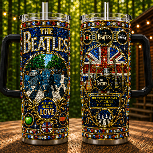 The Beatles 40oz Rhinestone Insulated Tumbler with Handle - Stainless Steel Travel Mug with Straw and Lid