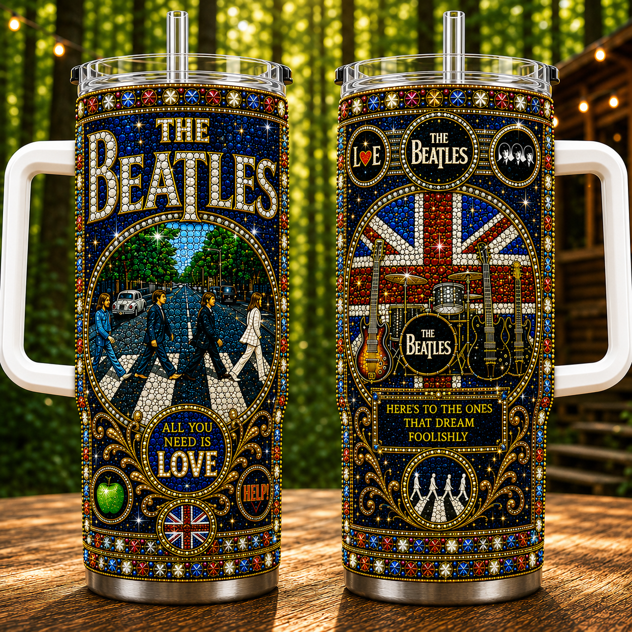 The Beatles 40oz Rhinestone Insulated Tumbler with Handle - Stainless Steel Travel Mug with Straw and Lid