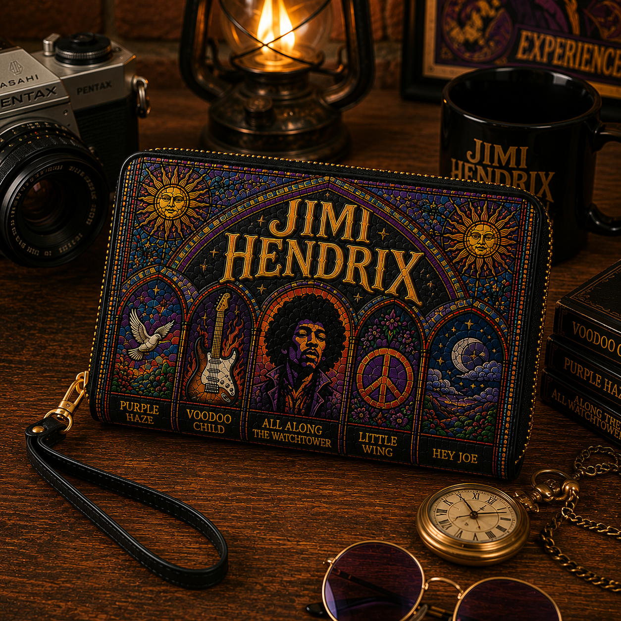 Jimi Hendrix Leather Handbag, Leather Tote Bag, Leather Wallet Set - Stained Glass Jimi Hendrix Band Fan Gift, Luxury Rock Music Accessories