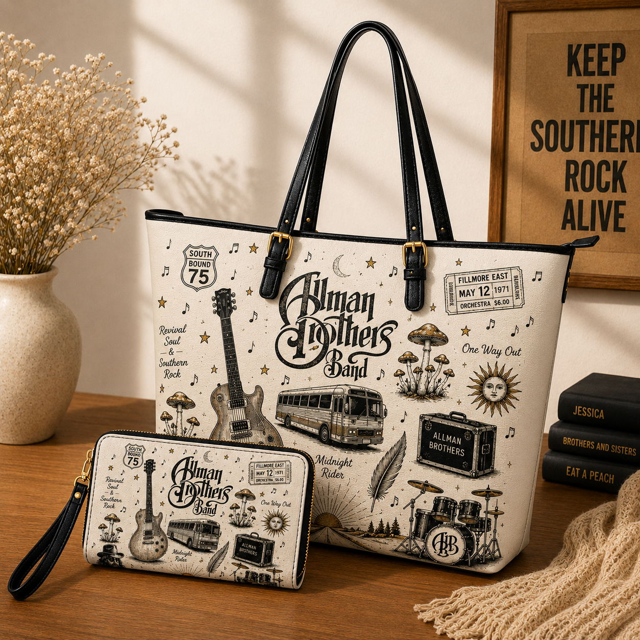 The Allman Brothers Band Handbag, Tote Bag and Wallet Set, Southern Rock Vintage Music Accessories, Allman Brothers Fan Gift