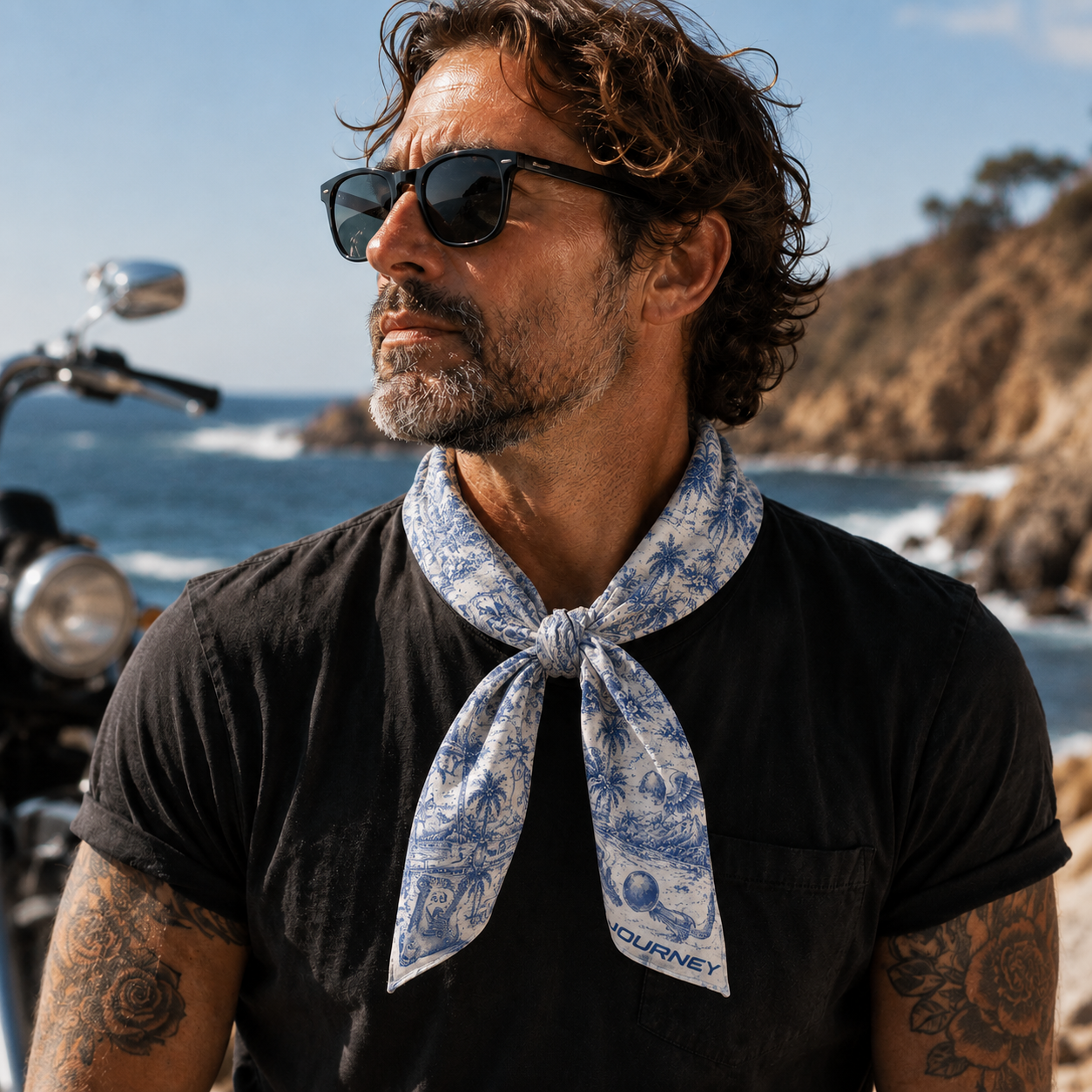 Journey Inspired Toile Style Satin Bandana - Vintage Route 66 Road Trip Scarf with Classic Rock Travel Design