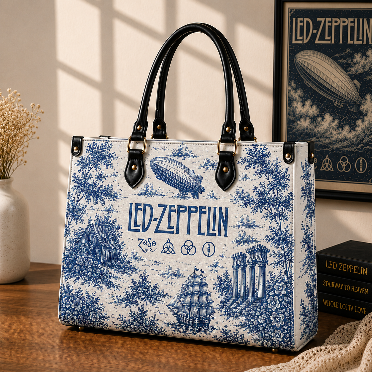 Led Zeppelin Vintage Toile Leather Handbag, Leather Tote Bag, Leather Wallet Set - Luxury Rock Music Accessories
