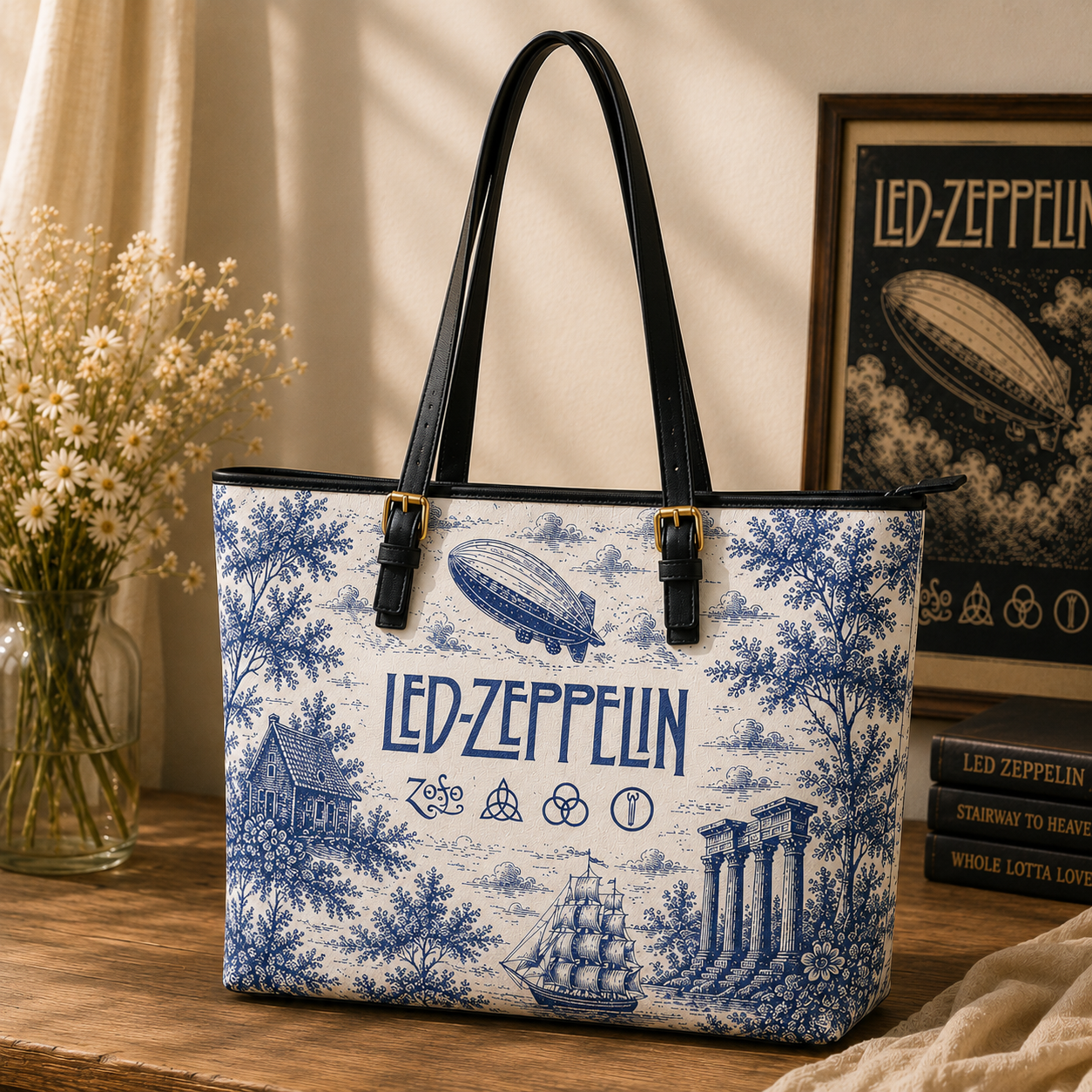 Led Zeppelin Vintage Toile Leather Handbag, Leather Tote Bag, Leather Wallet Set - Luxury Rock Music Accessories