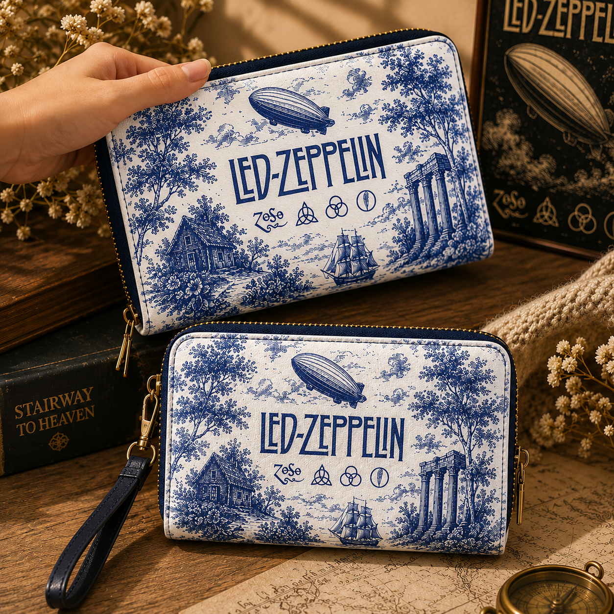 Led Zeppelin Vintage Toile Leather Handbag, Leather Tote Bag, Leather Wallet Set - Luxury Rock Music Accessories