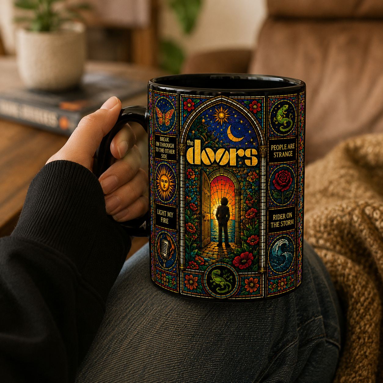 The Doors Stained Glass Black Ceramic Mug – Psychedelic Rock Coffee Mug, Colorful Music Lover Gift, The Doors Inspired Artwork