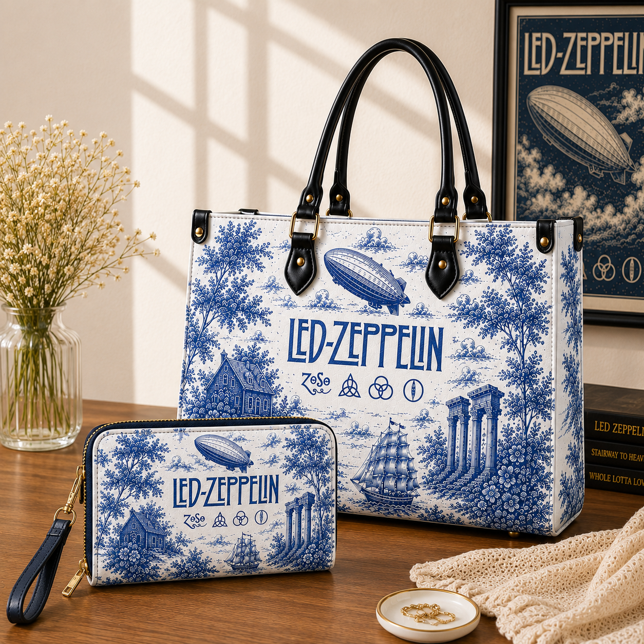 Led Zeppelin Vintage Toile Leather Handbag, Leather Tote Bag, Leather Wallet Set - Luxury Rock Music Accessories