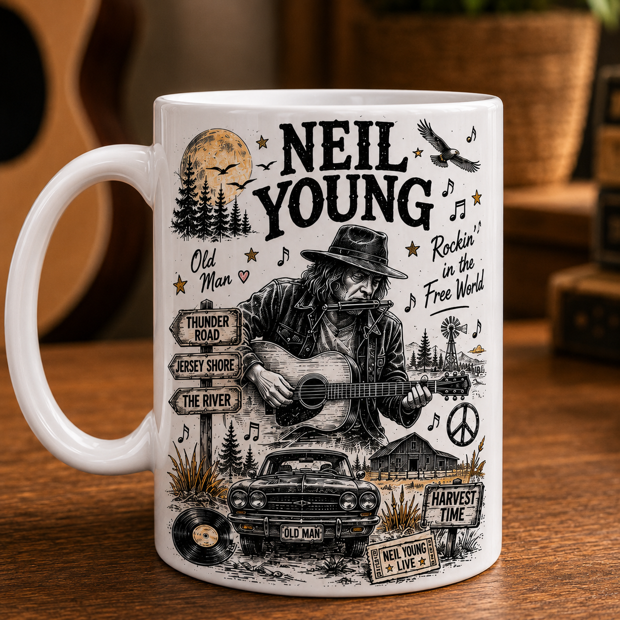 Neil Young Mug – Double-Sided Ceramic Coffee Mug, Harvest & Like a Hurricane Fan Gift for Neil Young Lovers