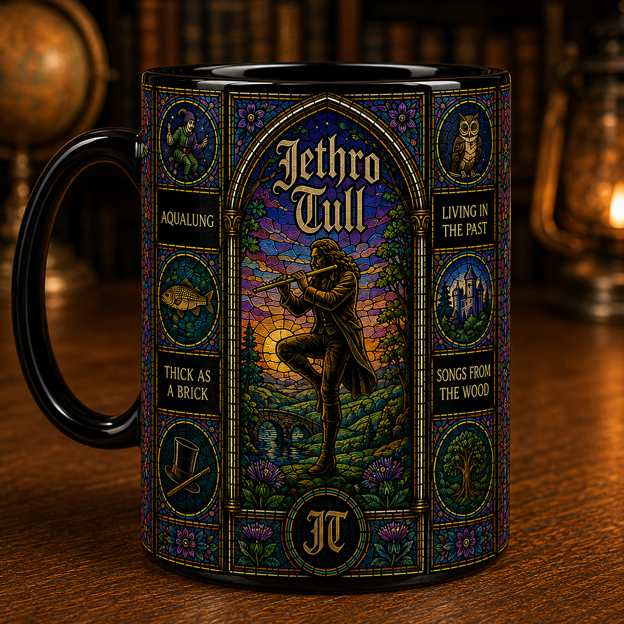 Jethro Tull Stained Glass Black Ceramic Mug – Aqualung Progressive Rock Coffee Mug, Colorful Music Lover Gift, Jethro Tull Inspired Artwork