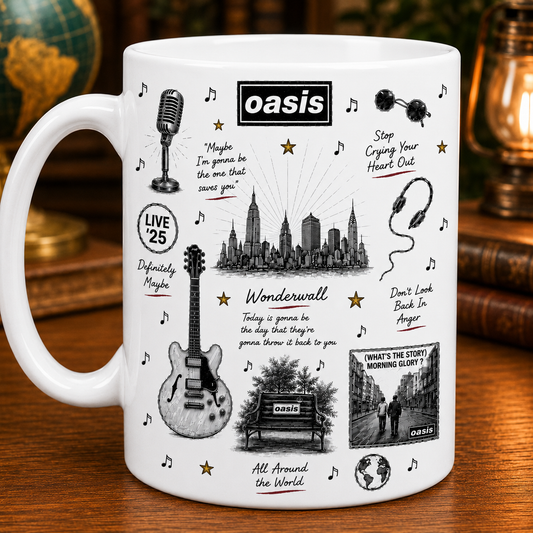 Oasis Sketch Icon Collage Mug, Wonderwall and Morning Glory Coffee Cup, Britpop Rock Music Fan Gift