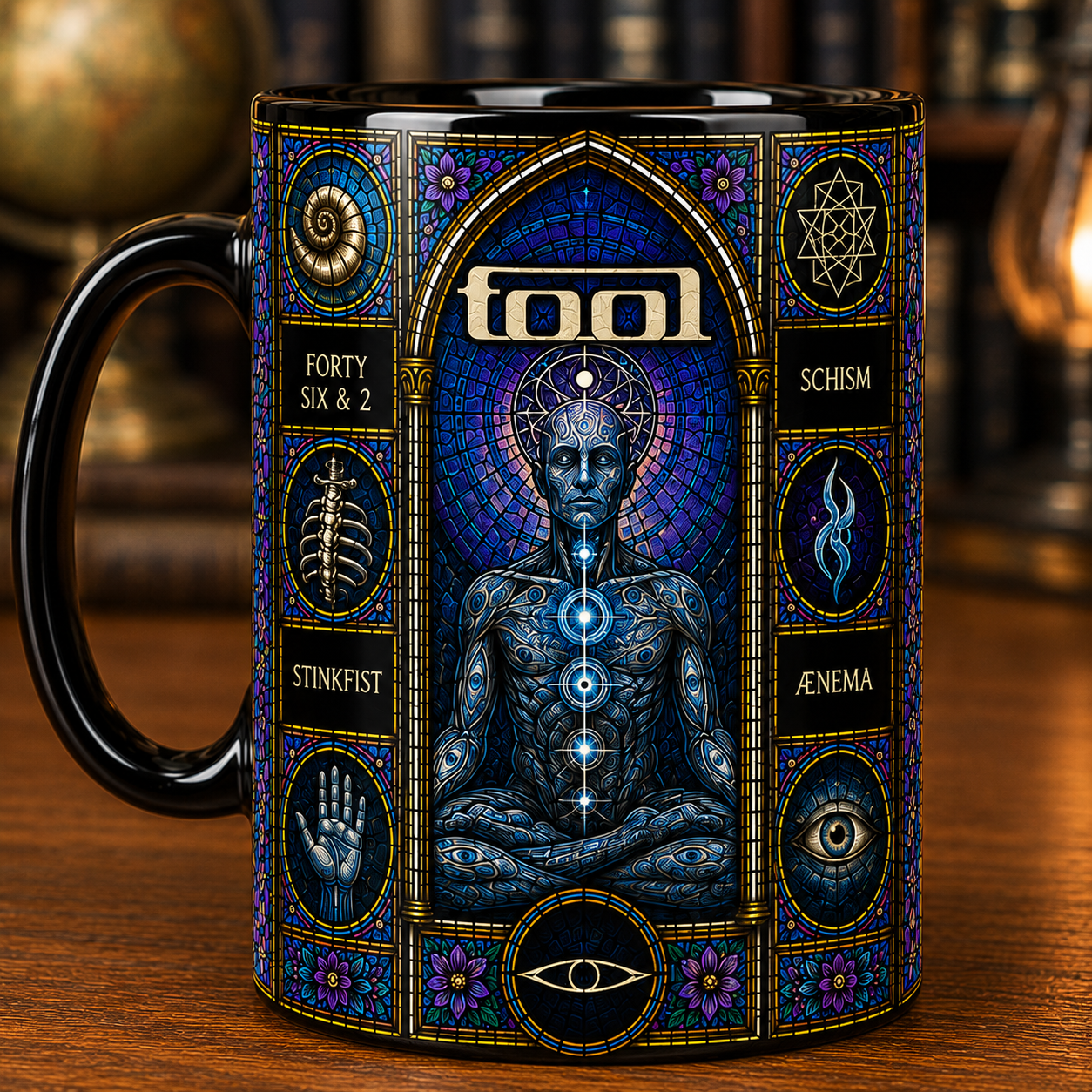 Tool Stained Glass Black Ceramic Mug – Lateralus Inspired Progressive Rock Coffee Mug, Schism & Forty Six & 2 Fan Gift, Colorful Music Lover Mug
