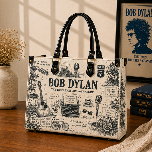 Bob Dylan Vintage Toile Leather Handbag, Leather Tote Bag, Leather Wallet Set - Luxury Rock Music Accessories