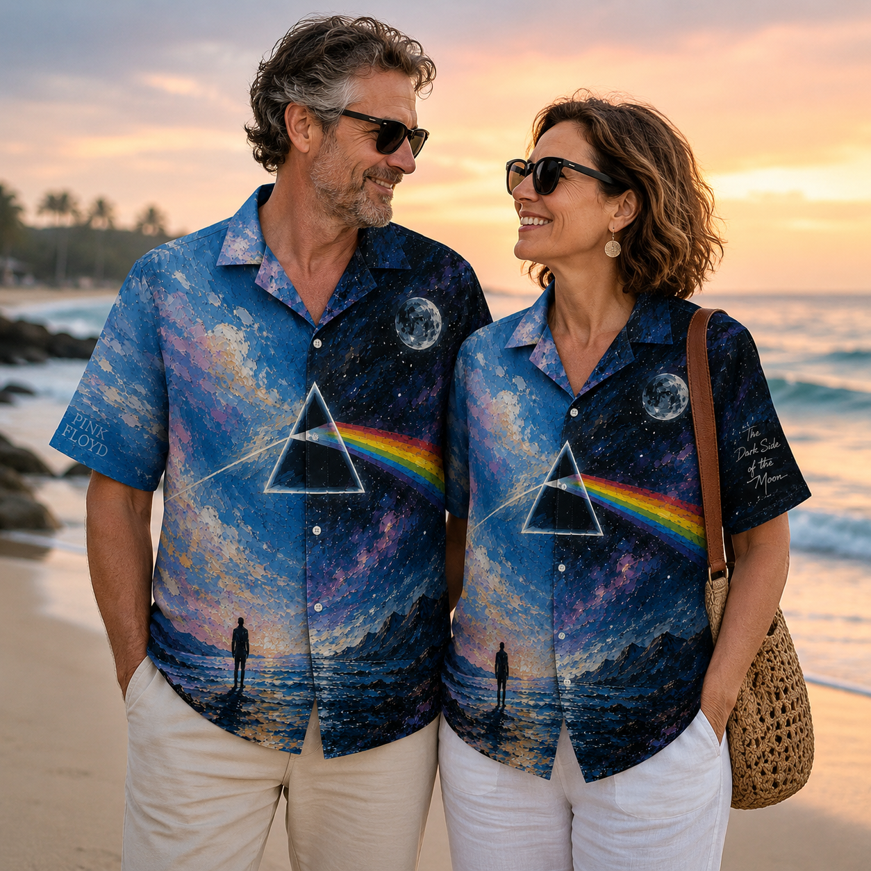 Pink Floyd Hawaiian Shirt - Dark Side of the Moon Prism Ocean Landscape All-Over Print Summer Button-Up