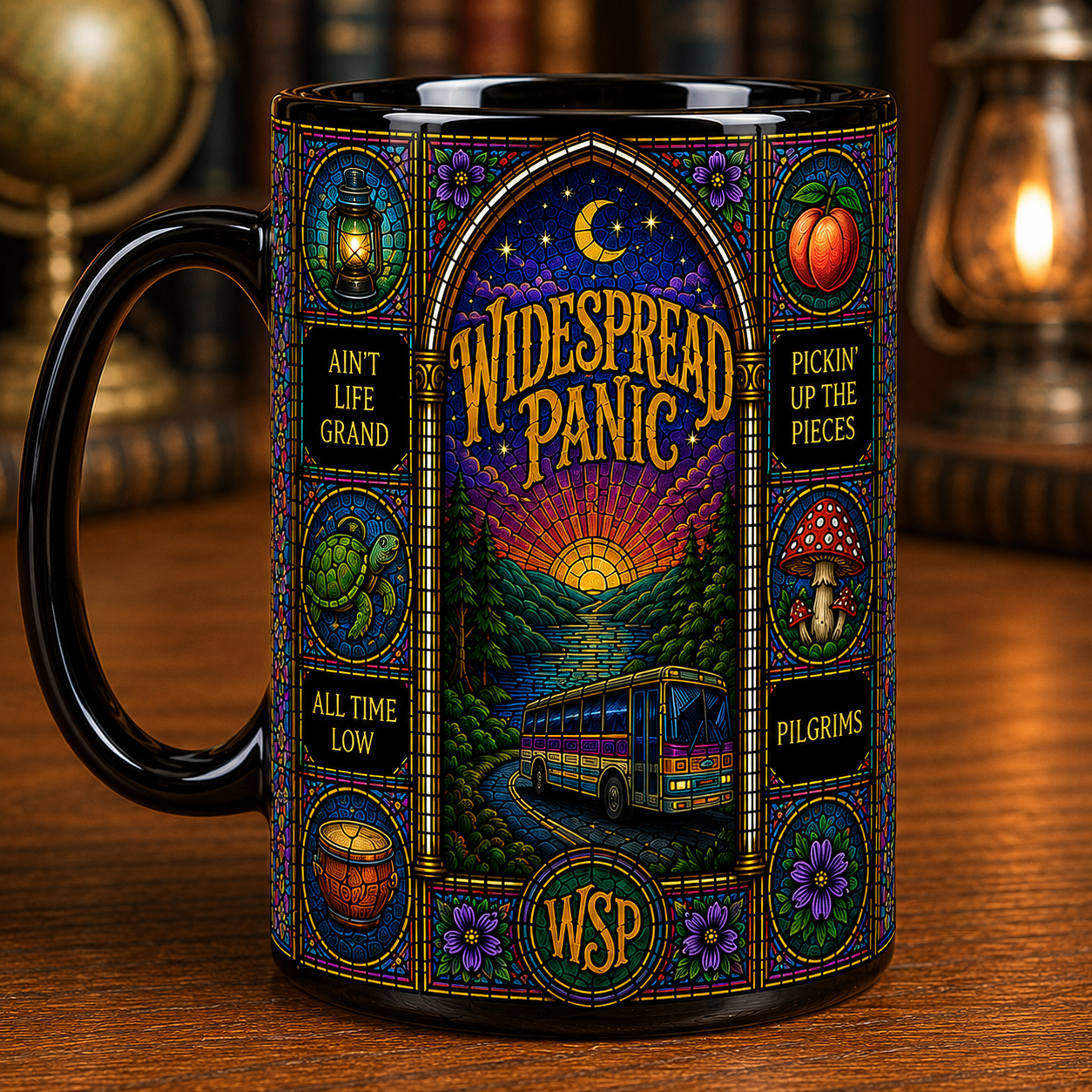 Widespread Panic Stained Glass Black Ceramic Mug – WSP Concert Inspired Coffee Mug, Colorful Jam Band Fan Gift, Psychedelic Music Lover Mug