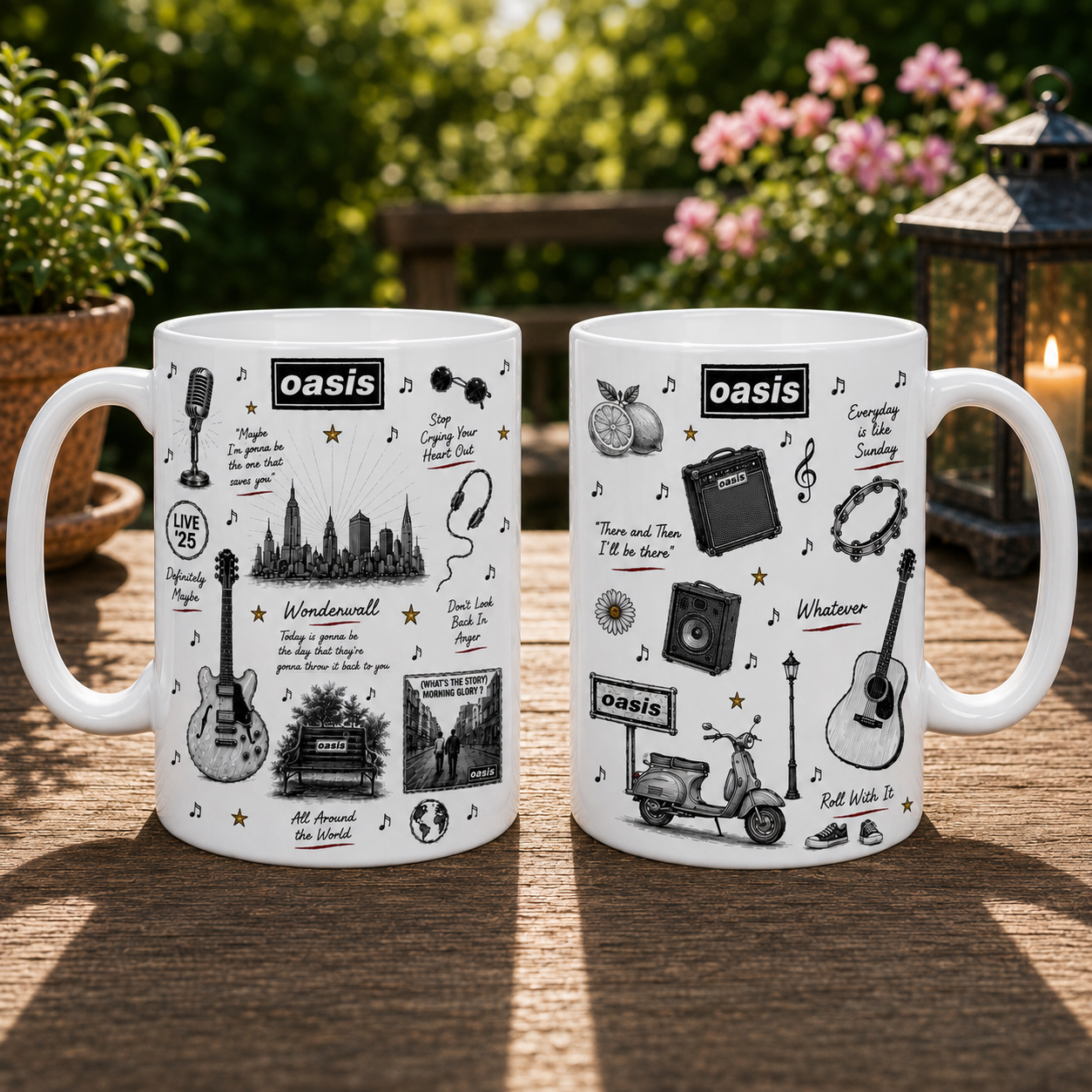 Oasis Sketch Icon Collage Mug, Wonderwall and Morning Glory Coffee Cup, Britpop Rock Music Fan Gift
