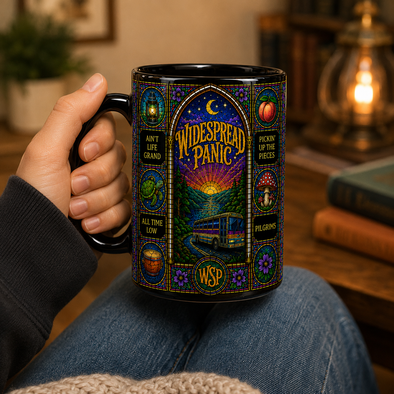 Widespread Panic Stained Glass Black Ceramic Mug – WSP Concert Inspired Coffee Mug, Colorful Jam Band Fan Gift, Psychedelic Music Lover Mug