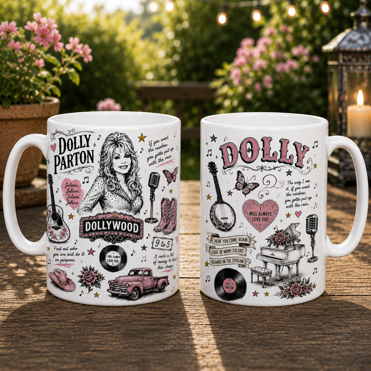 Dolly Parton Sketch Icon Collage Mug, Jolene and 9 to 5 Country Music Coffee Cup, Dollywood Fan Gift