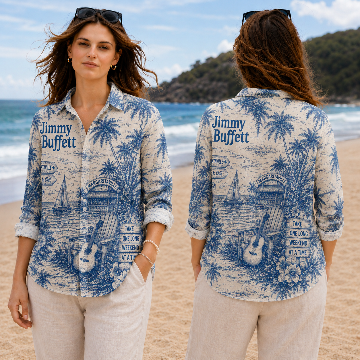 Jimmy Buffett Hawaiian Shirt for Women - Margaritaville Tropical Beach Graphic Button-Up
