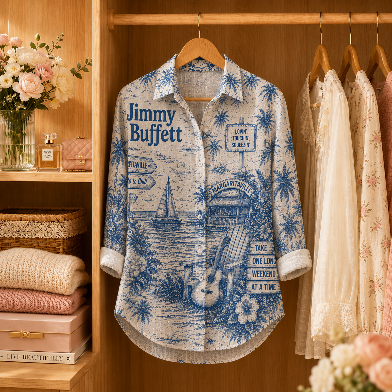 Jimmy Buffett Hawaiian Shirt for Women - Margaritaville Tropical Beach Graphic Button-Up