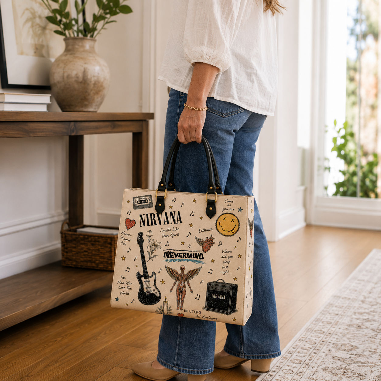 Nirvana Sketch Icon Handbag, Tote Bag and Wallet Set, Nevermind & In Utero Inspired Classic Rock Accessories, Nirvana Fan Gift