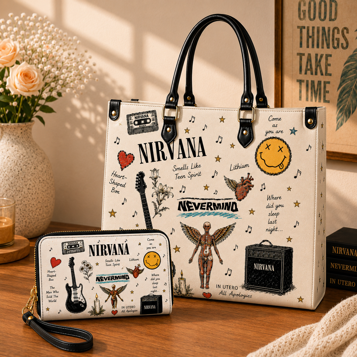 Nirvana Sketch Icon Handbag, Tote Bag and Wallet Set, Nevermind & In Utero Inspired Classic Rock Accessories, Nirvana Fan Gift