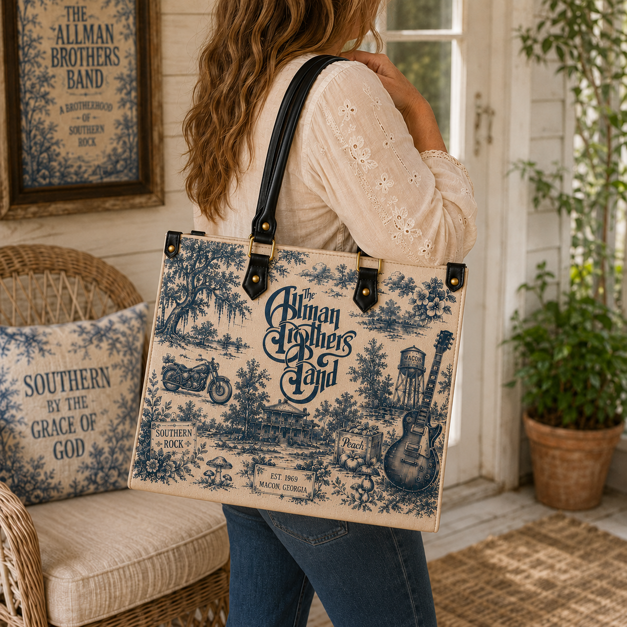 The Allman Brothers Band Vintage Toile Leather Handbag, Leather Tote Bag, Leather Wallet Set - Luxury Rock Music Accessories