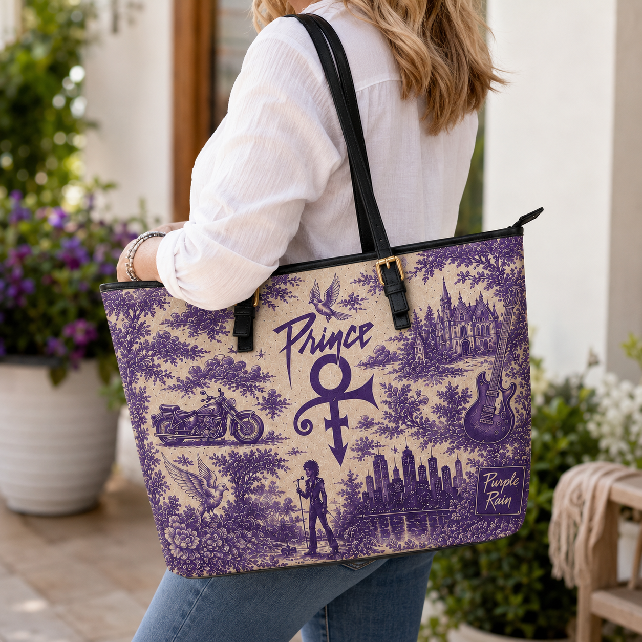 Prince Vintage Purple Toile Leather Handbag, Leather Tote Bag, Leather Wallet Set - Luxury Rock Music Accessories