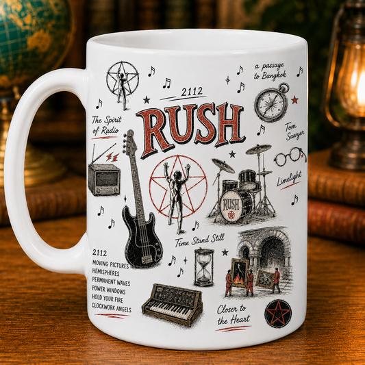 Rush Band Sketch Mug, 2112 Gift, Tom Sawyer Mug, Progressive Rock Fan Gift, Vintage Music Lover Ceramic Mug