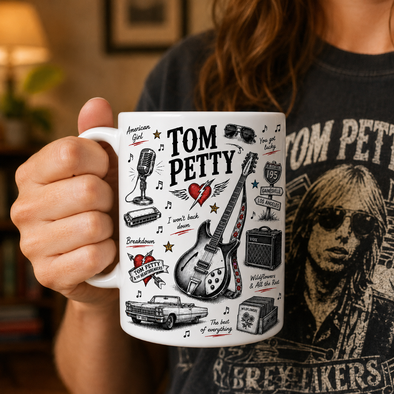 Tom Petty Sketch Coffee Mug - Vintage Rock Music Ceramic Mug - Tom Petty & The Heartbreakers Fan Gift - Classic Guitar Coffee Cup