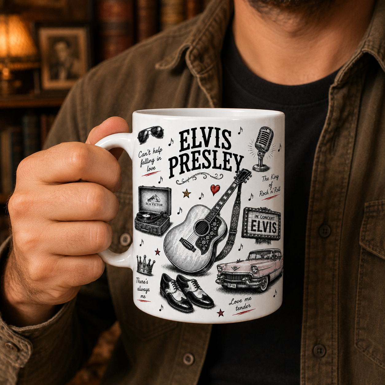 Elvis Presley Sketch Coffee Mug - Vintage Rock 'n' Roll Ceramic Mug - The King of Rock and Roll Gift for Elvis Fans