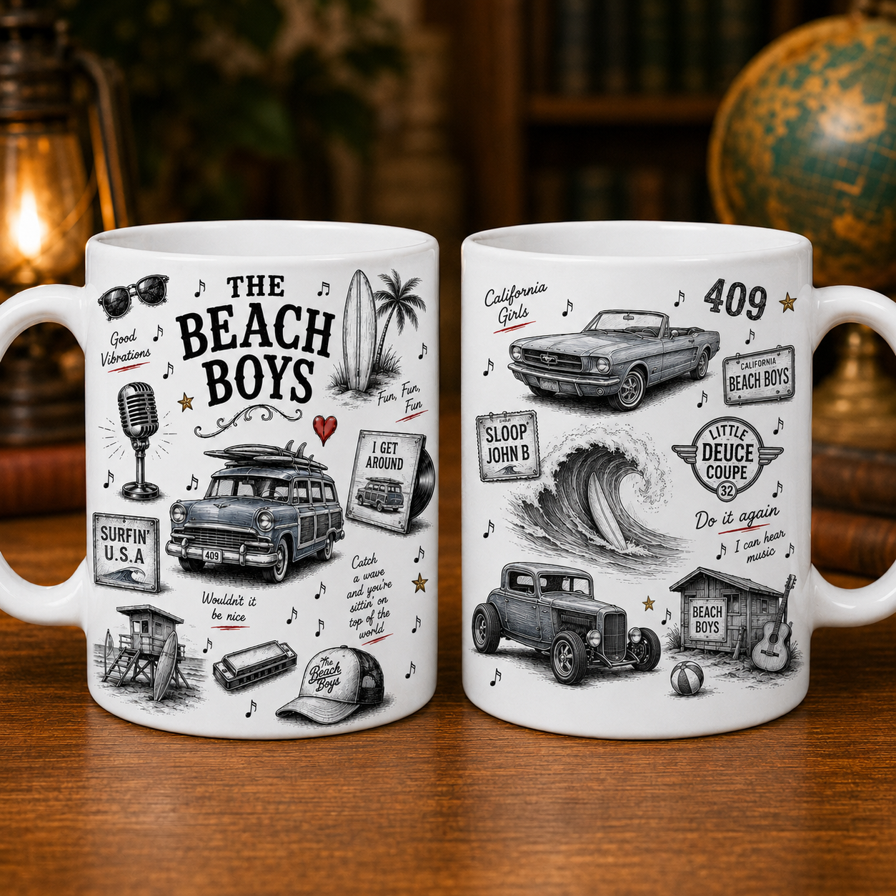 The Beach Boys Sketch Ceramic Mug, Vintage Surf Rock Coffee Mug, Good Vibrations Gift, Beach Boys Fan Gift