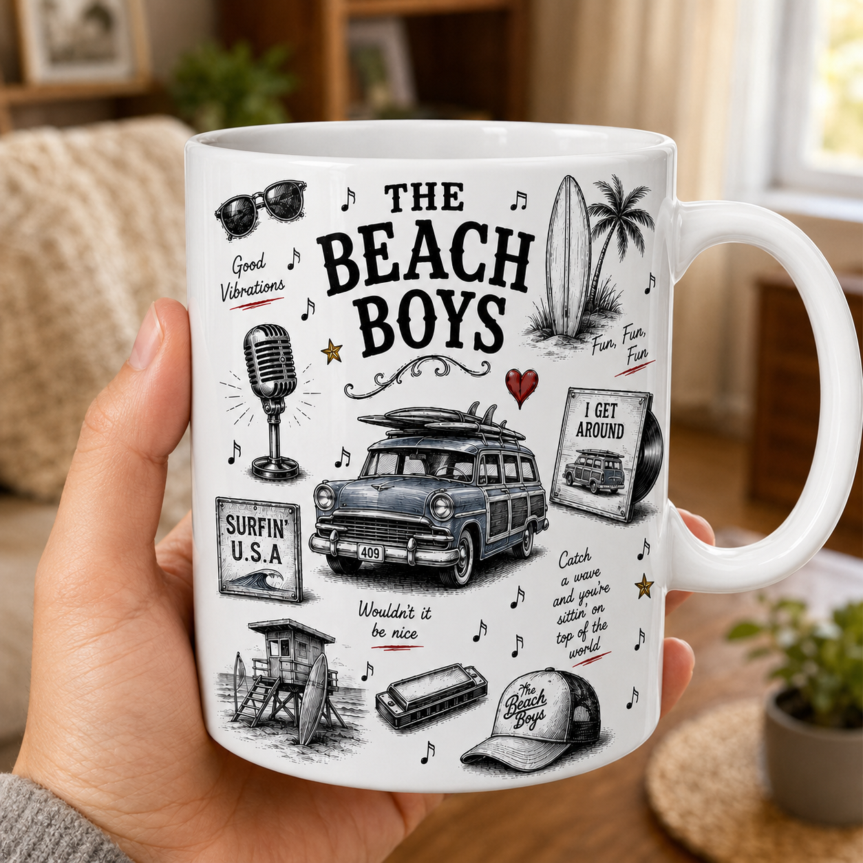 The Beach Boys Sketch Ceramic Mug, Vintage Surf Rock Coffee Mug, Good Vibrations Gift, Beach Boys Fan Gift