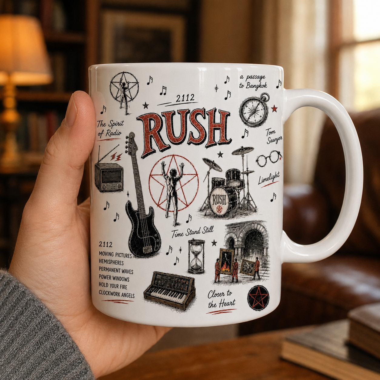 Rush Band Sketch Mug, 2112 Gift, Tom Sawyer Mug, Progressive Rock Fan Gift, Vintage Music Lover Ceramic Mug