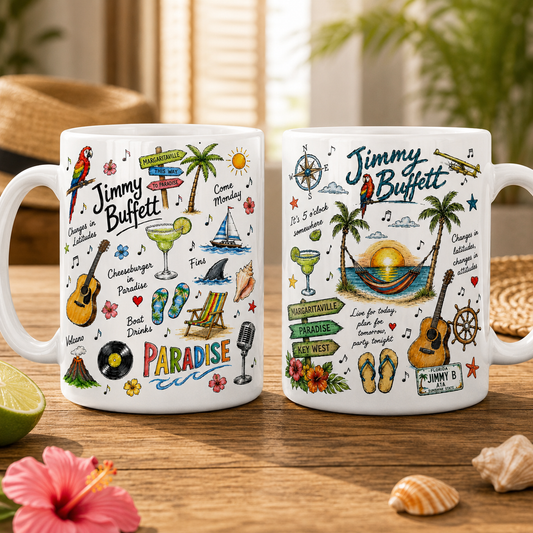 Jimmy Buffett Sketch Mug, Margaritaville Coffee Mug, Tropical Beach Lover Cup, Island Music Fan Ceramic Mug