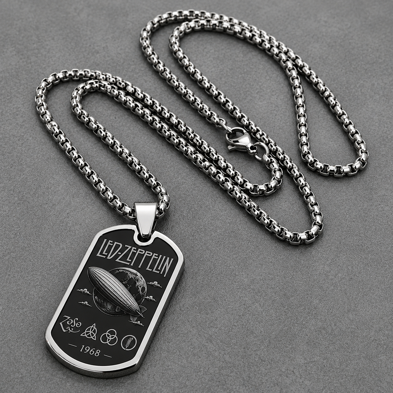 Led Zeppelin Dog Tag Necklace - Four Symbols Pendant, ZoSo Stainless Steel Necklace Led Zeppelin Gift, Rock Fan Necklace