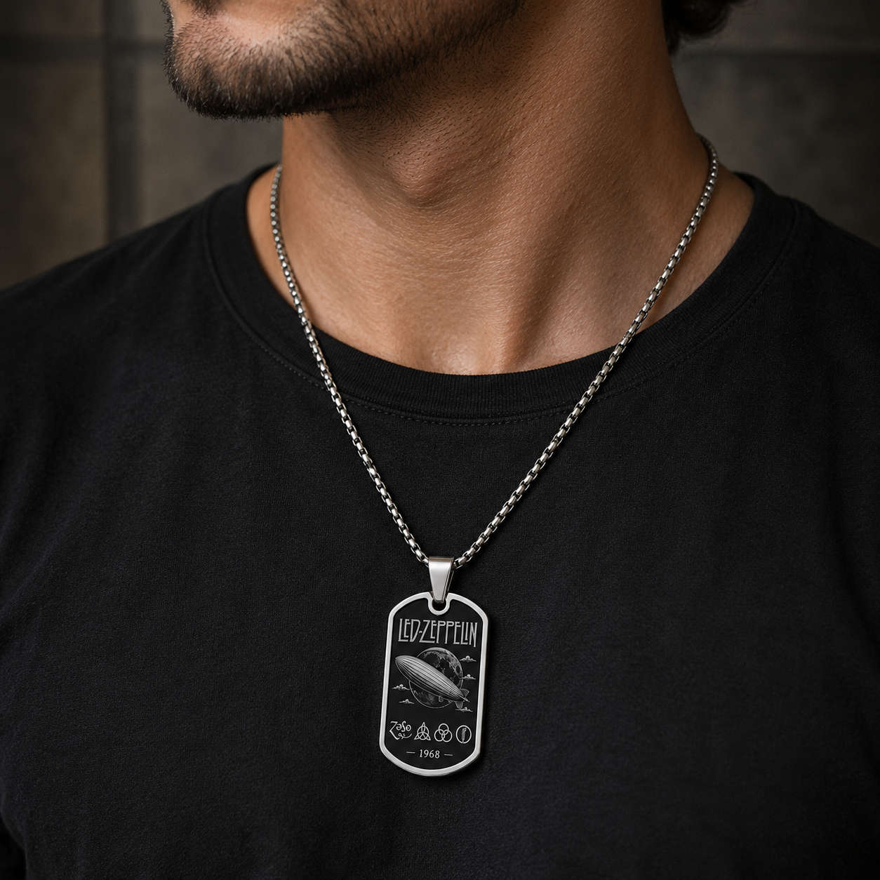 Led Zeppelin Dog Tag Necklace - Four Symbols Pendant, ZoSo Stainless Steel Necklace Led Zeppelin Gift, Rock Fan Necklace