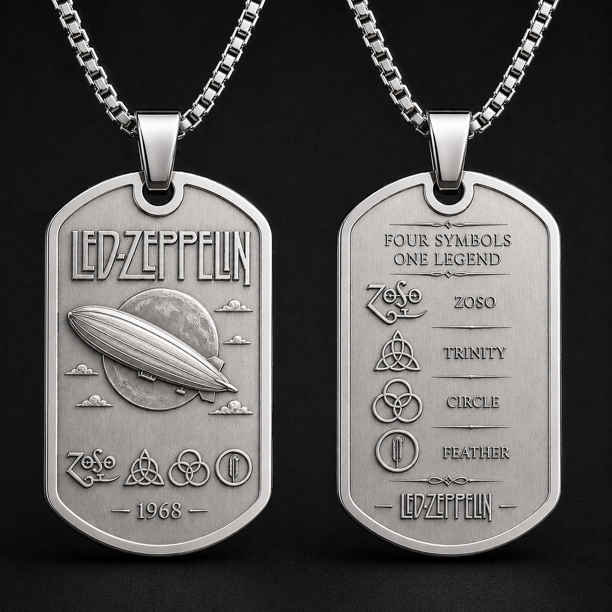 Led Zeppelin Dog Tag Necklace - Four Symbols Pendant, ZoSo Stainless Steel Necklace Led Zeppelin Gift, Rock Fan Necklace