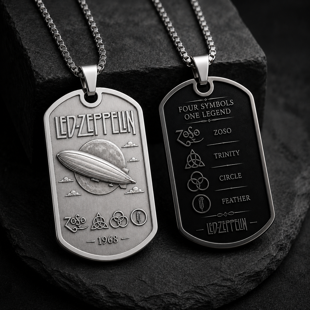 Led Zeppelin Dog Tag Necklace - Four Symbols Pendant, ZoSo Stainless Steel Necklace Led Zeppelin Gift, Rock Fan Necklace