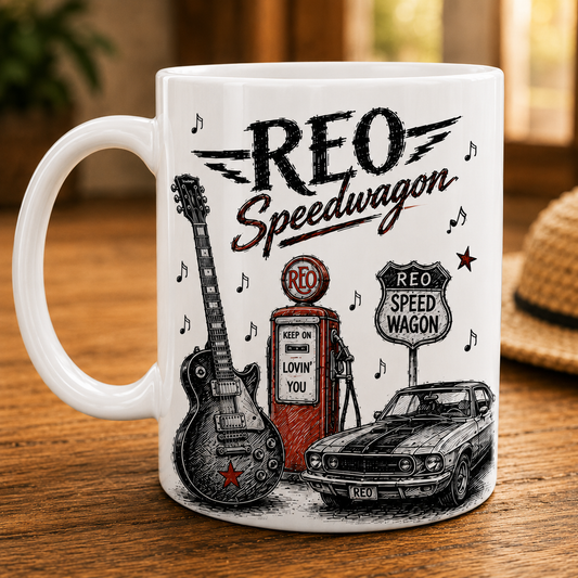 REO Speedwagon Vintage Sketch Coffee Mug – Classic Rock Ceramic Mug Gift for Fans