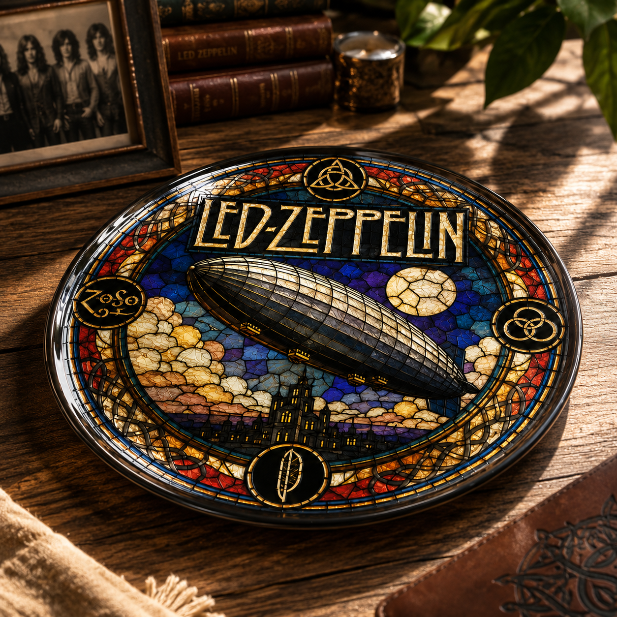Led Zeppelin Decorative Ceramic Plate with Stand – Stained Glass Rock Art Gift