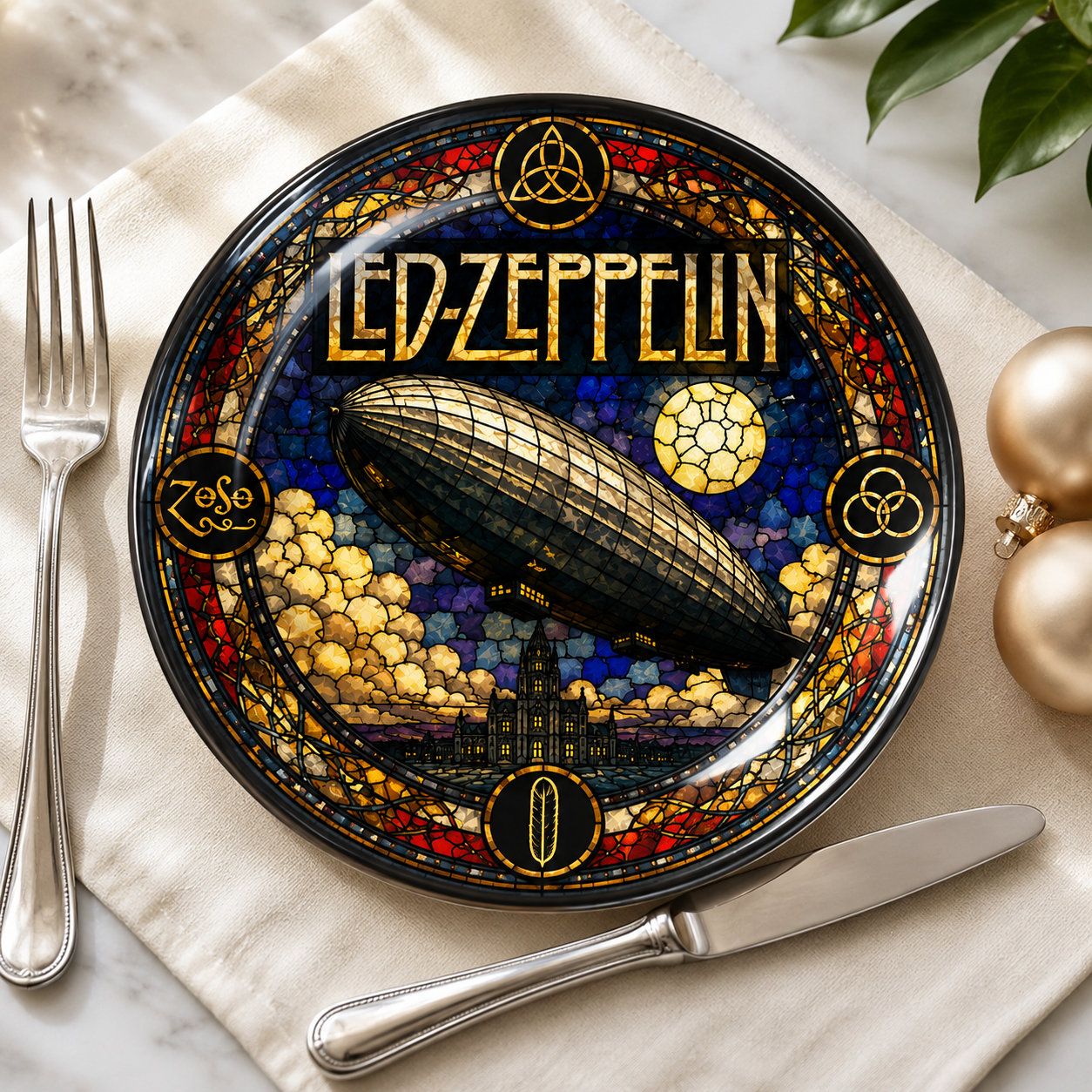 Led Zeppelin Decorative Ceramic Plate with Stand – Stained Glass Rock Art Gift