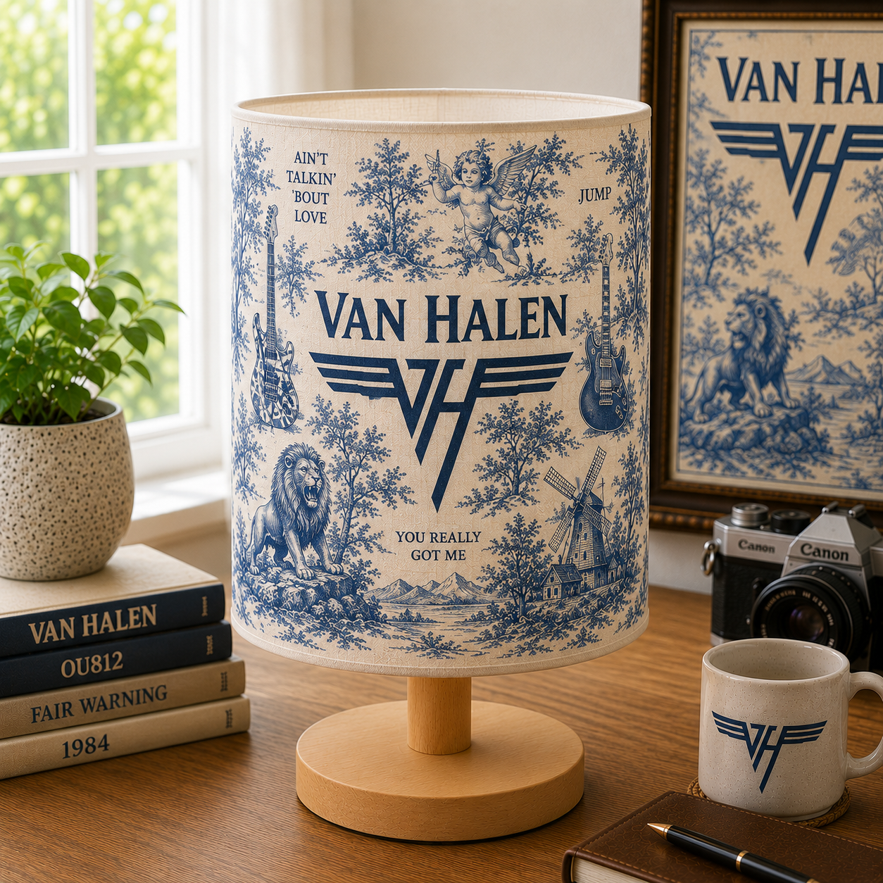 Van Halen Fabric Table Lamp – Music Room Decor Wooden Bedside Lamp Gift