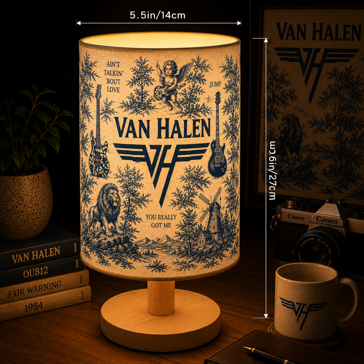 Van Halen Fabric Table Lamp – Music Room Decor Wooden Bedside Lamp Gift