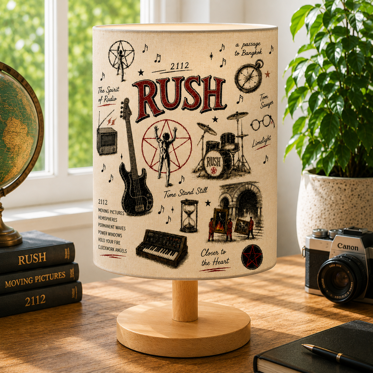 Rush Sketch Fabric Table Lamp – Progressive Rock Wooden Bedside Lamp Decor Gift