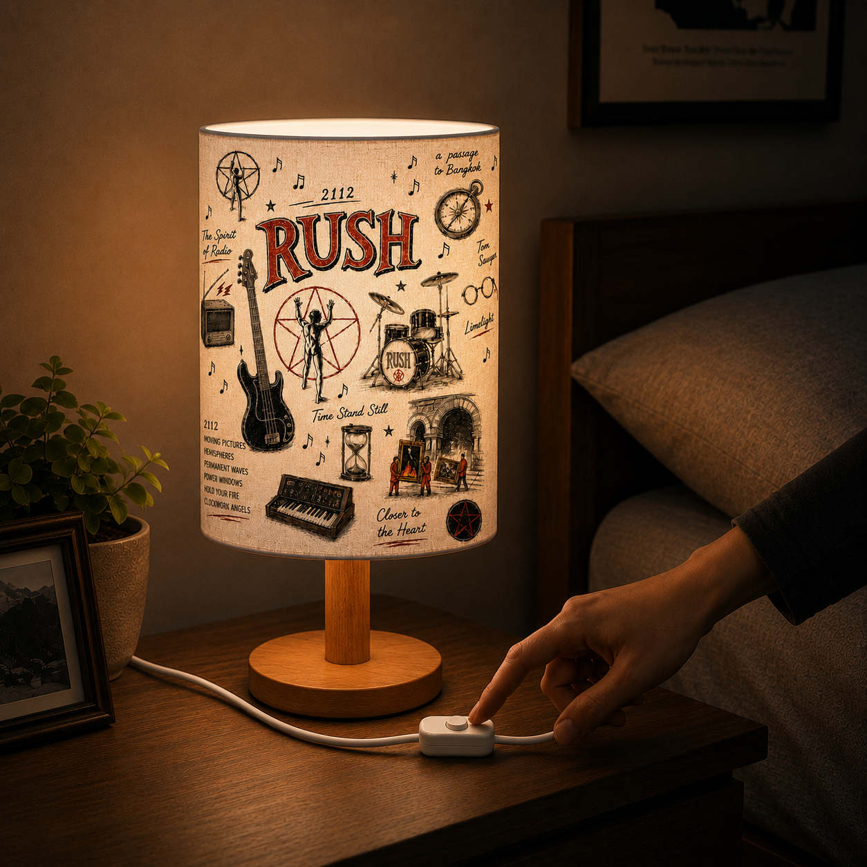 Rush Sketch Fabric Table Lamp – Progressive Rock Wooden Bedside Lamp Decor Gift