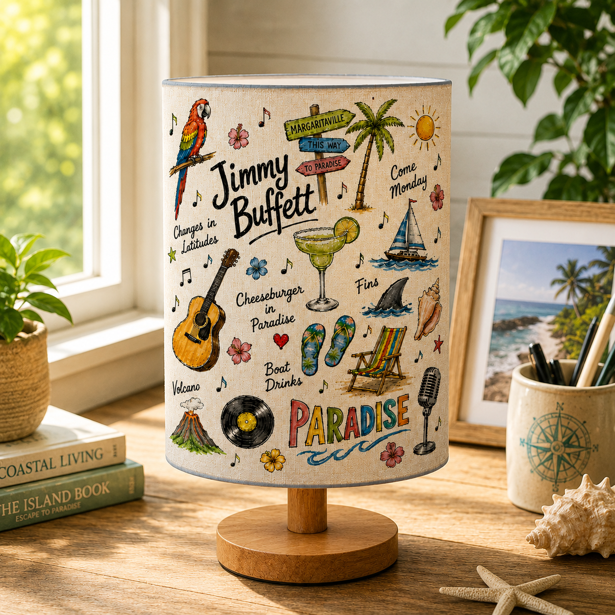 Jimmy Buffett Sketch Fabric Table Lamp – Tropical Music Room Decor Bedside Lamp