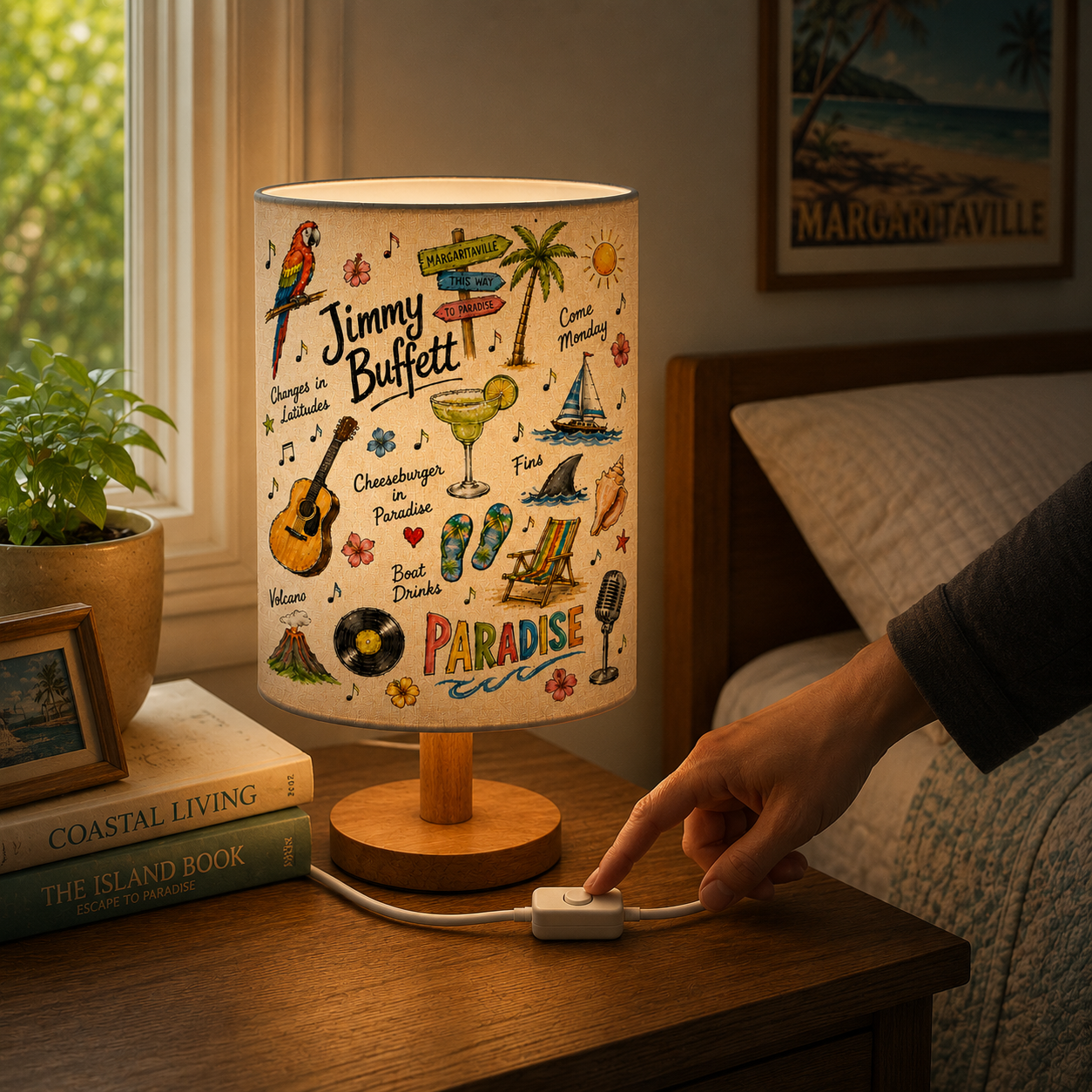 Jimmy Buffett Sketch Fabric Table Lamp – Tropical Music Room Decor Bedside Lamp