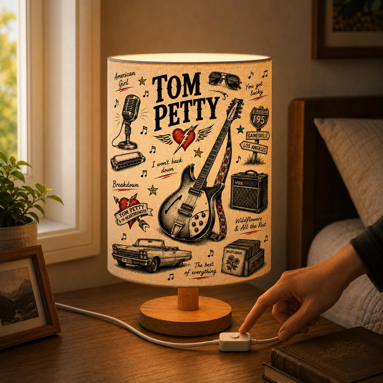 Tom Petty Sketch Fabric Table Lamp – Music Room Decor Wooden Bedside Lamp Gift