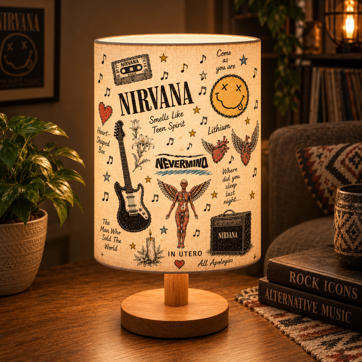 Nirvana Sketch Fabric Table Lamp – Grunge Music Room Decor Wooden Bedside Lamp